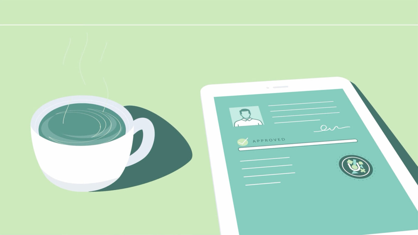 Illustrated cup of coffee beside a digital tablet screen showing loan approval