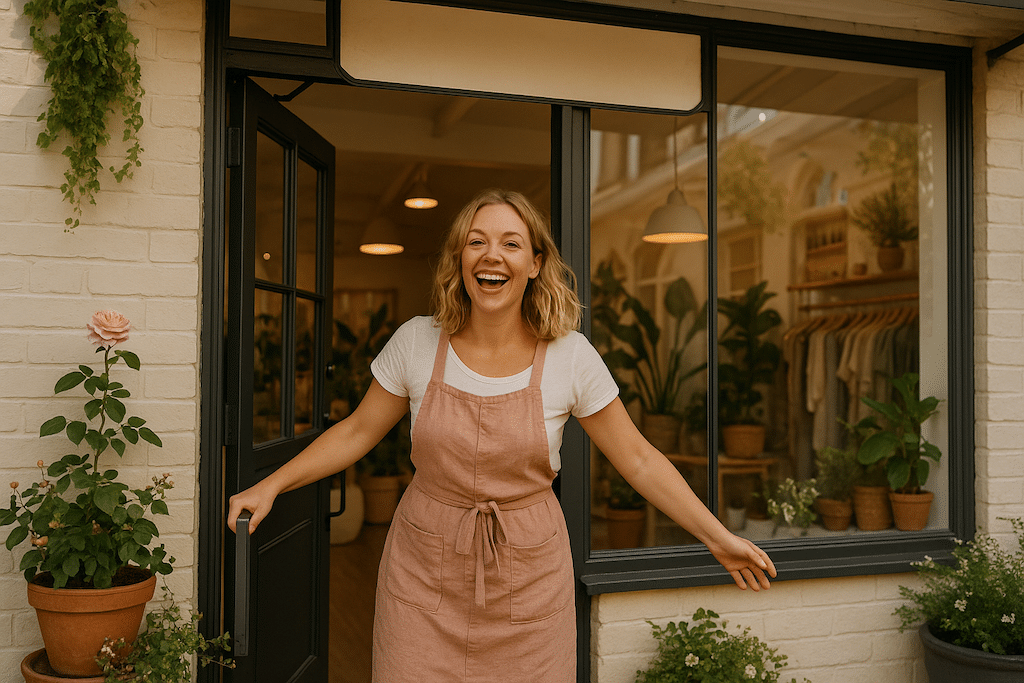 Happy female shop owner welcoming customers outside her boutique storefront