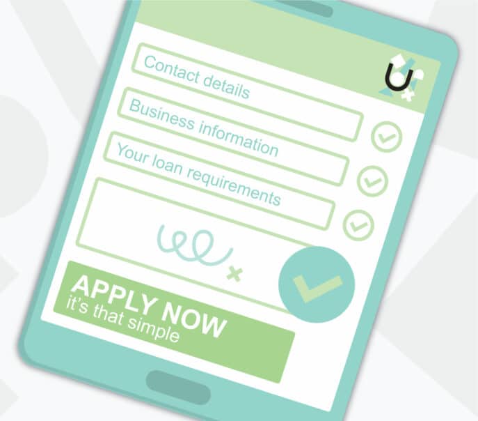 Illustration of a digital loan application form on a tablet with “Apply Now” button