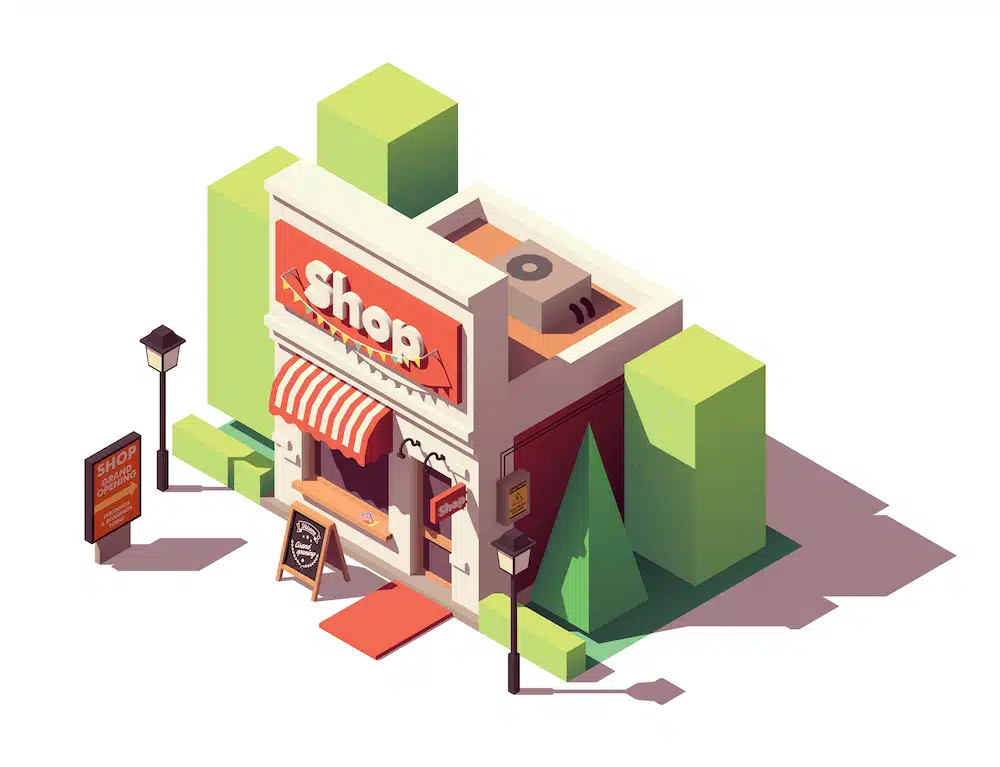 Isometric illustration of a small retail shop with grand opening signage
