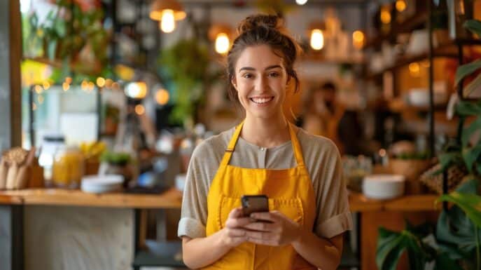 Young female cafe owner smiling while holding a smartphone inside a cozy, modern cafe