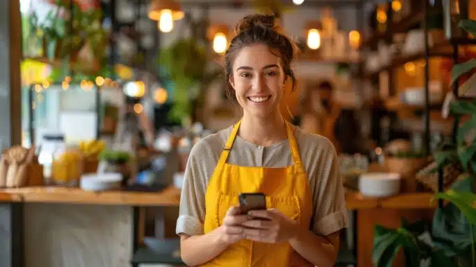 Young female cafe owner smiling while holding a smartphone inside a cozy, modern cafe